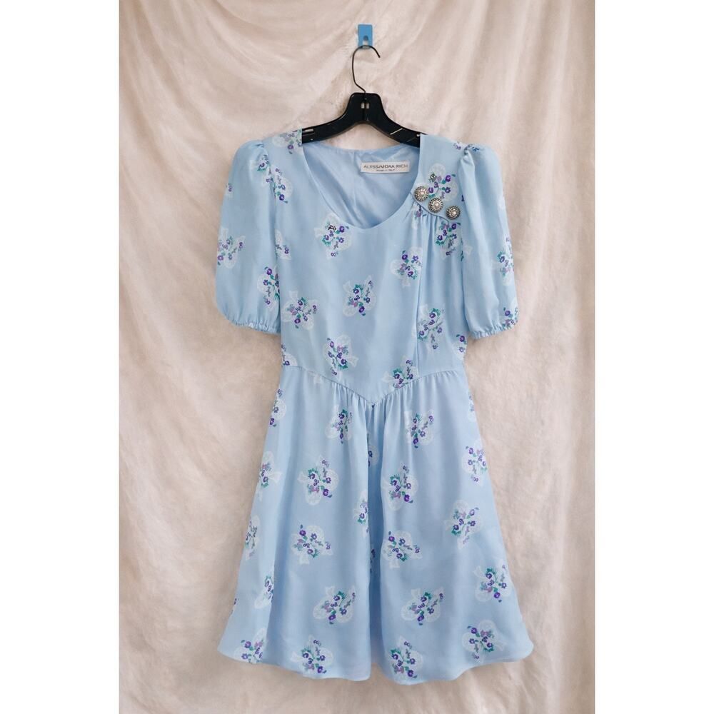 Alessandra Rich Blue Floral Silk Mini Dress Puff Sleeve Embellished S (US4)
